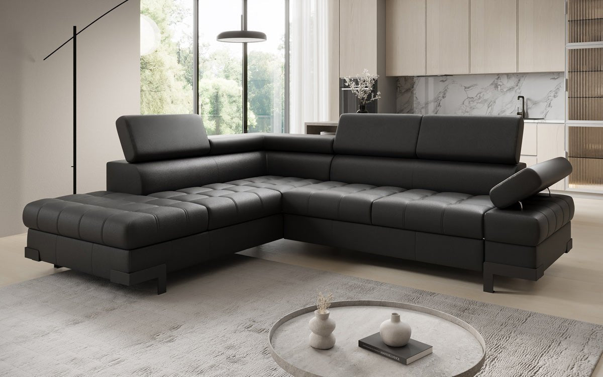 Designer L Sofa Noelia with Sleeping Function and Storage in Genuine Leather