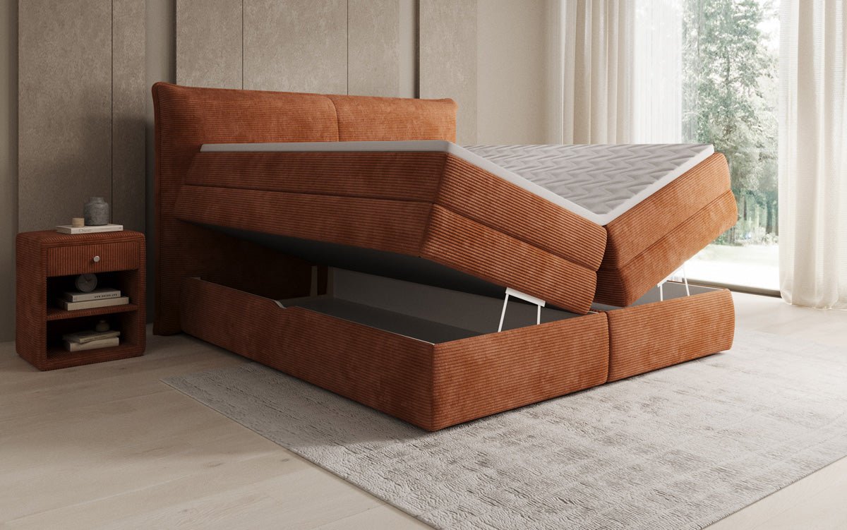 Box spring bed Avelora with storage in Corduroy