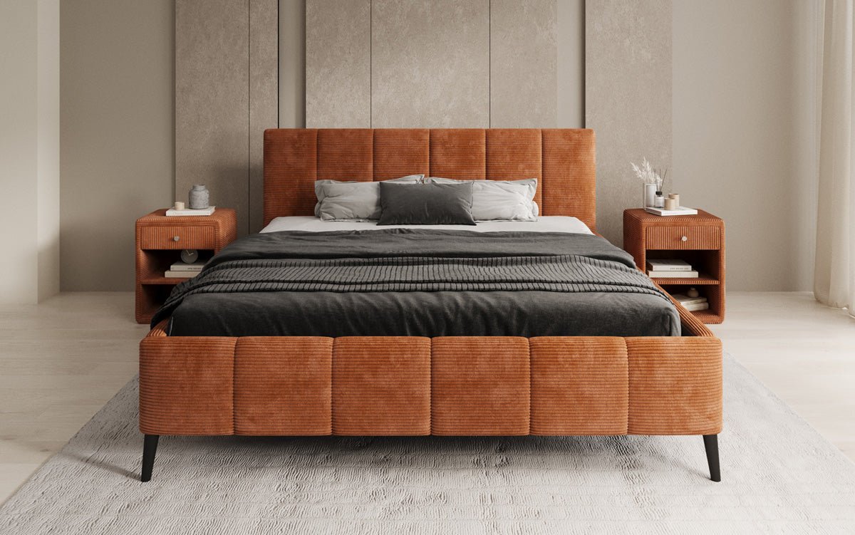 Designer upholstered bed Valerio in Corduroy with height-adjustable slatted frame