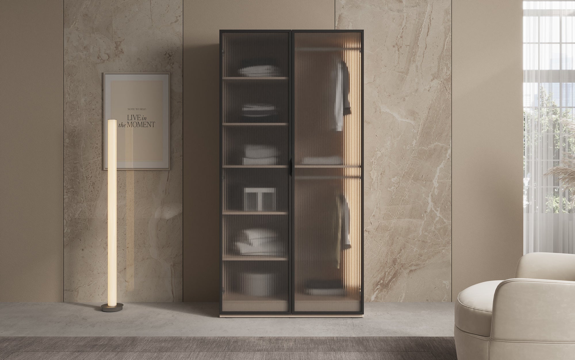 Modulo Arda – Designer wardrobe with ribbed glass front
