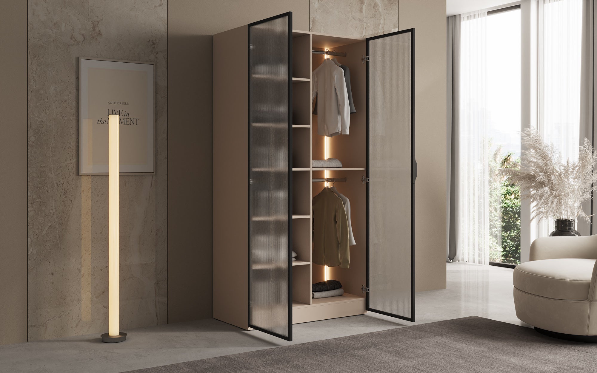 Modulo Arda – Designer wardrobe with ribbed glass front