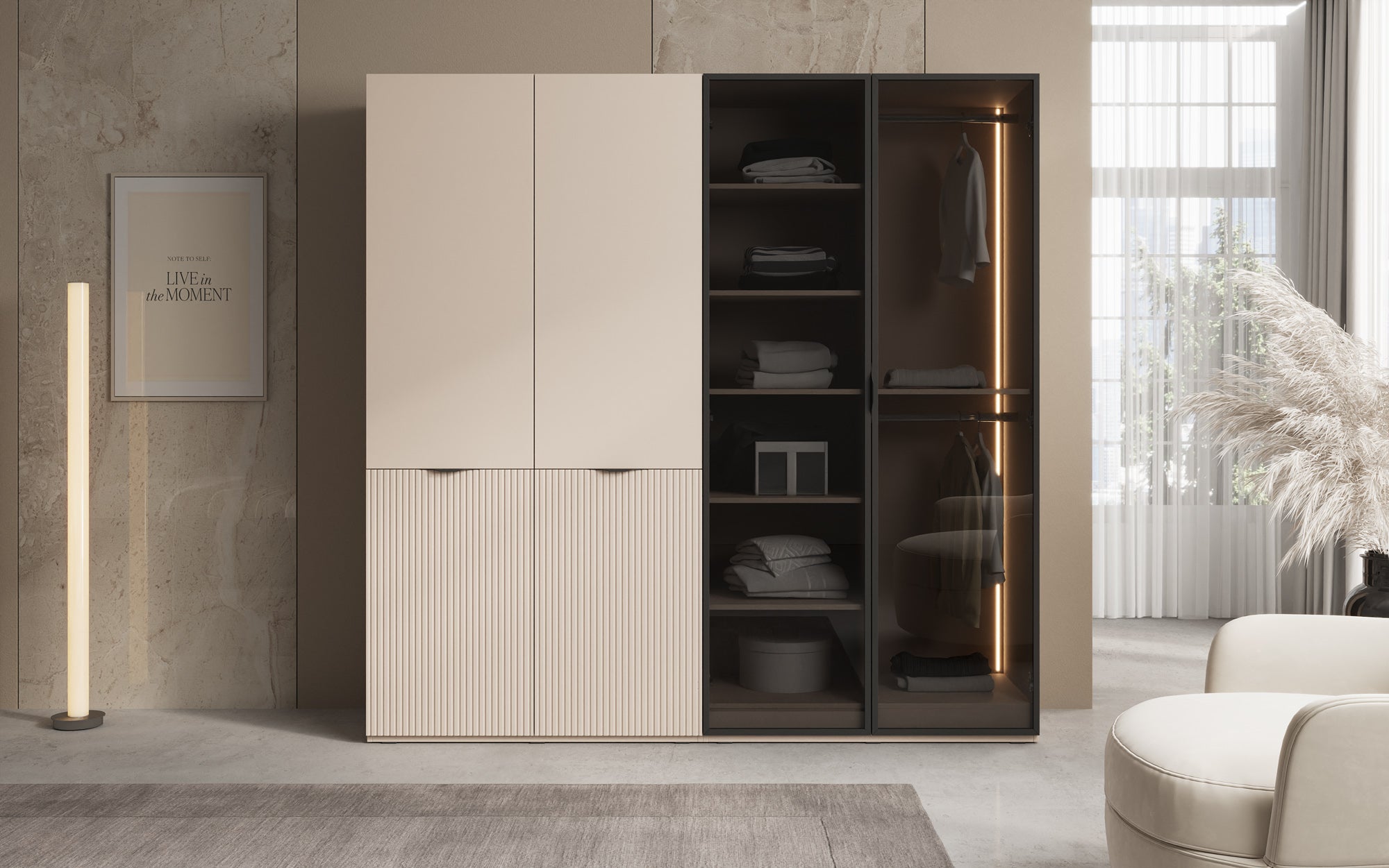Modulo Nero – Modular wardrobe with glass and textured front