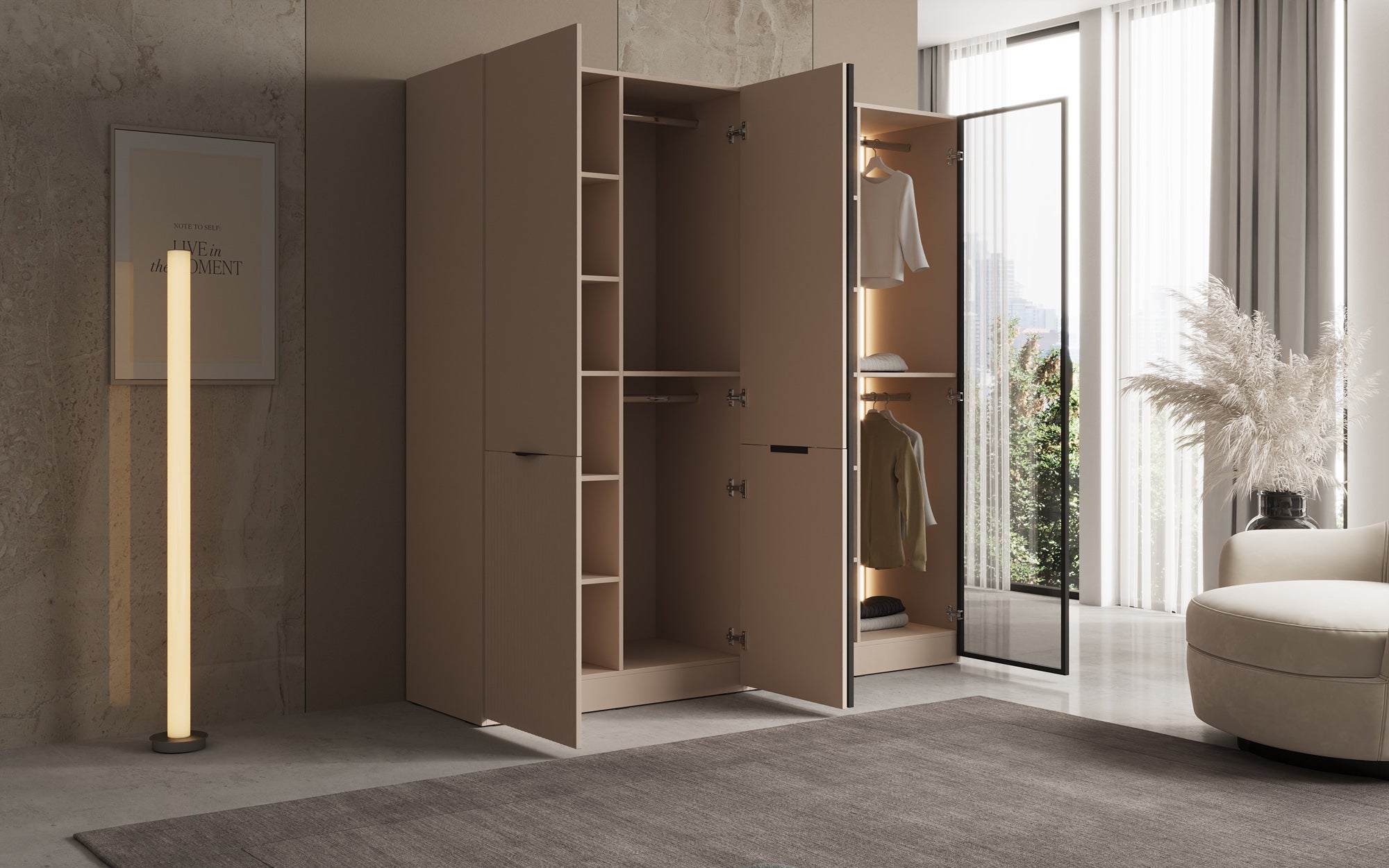 Modulo Nero – Modular wardrobe with glass and textured front