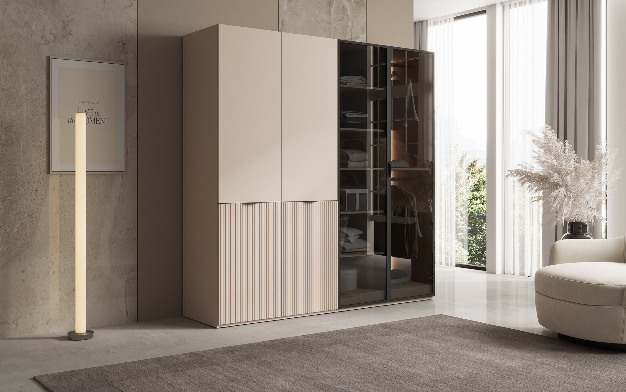 Modulo Nero – Modular wardrobe with glass and textured front