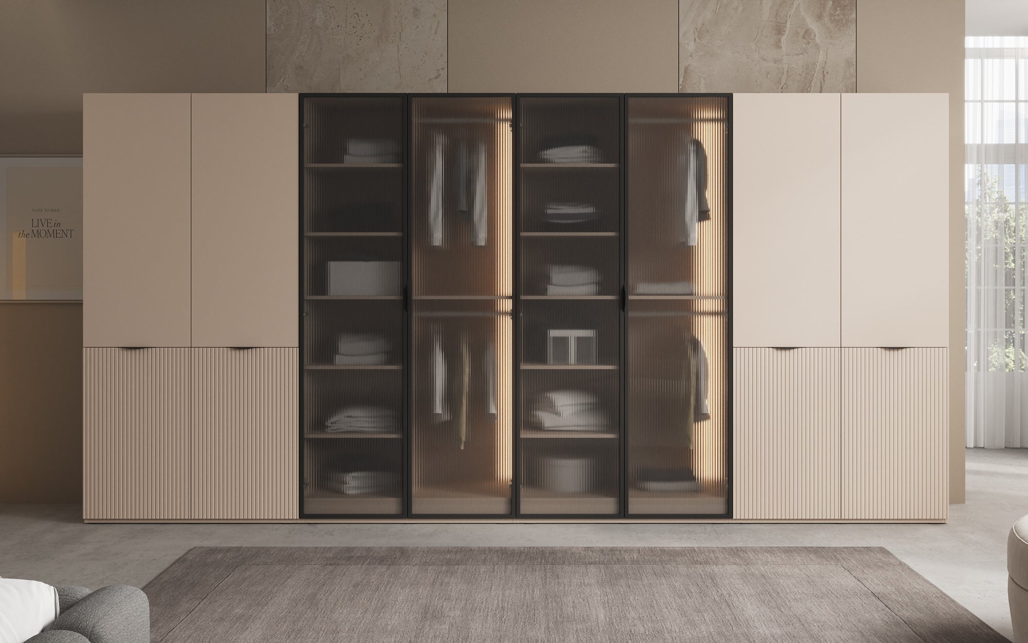 Modulo Rivon – Modular design wardrobe with ribbed glass front and structural panels