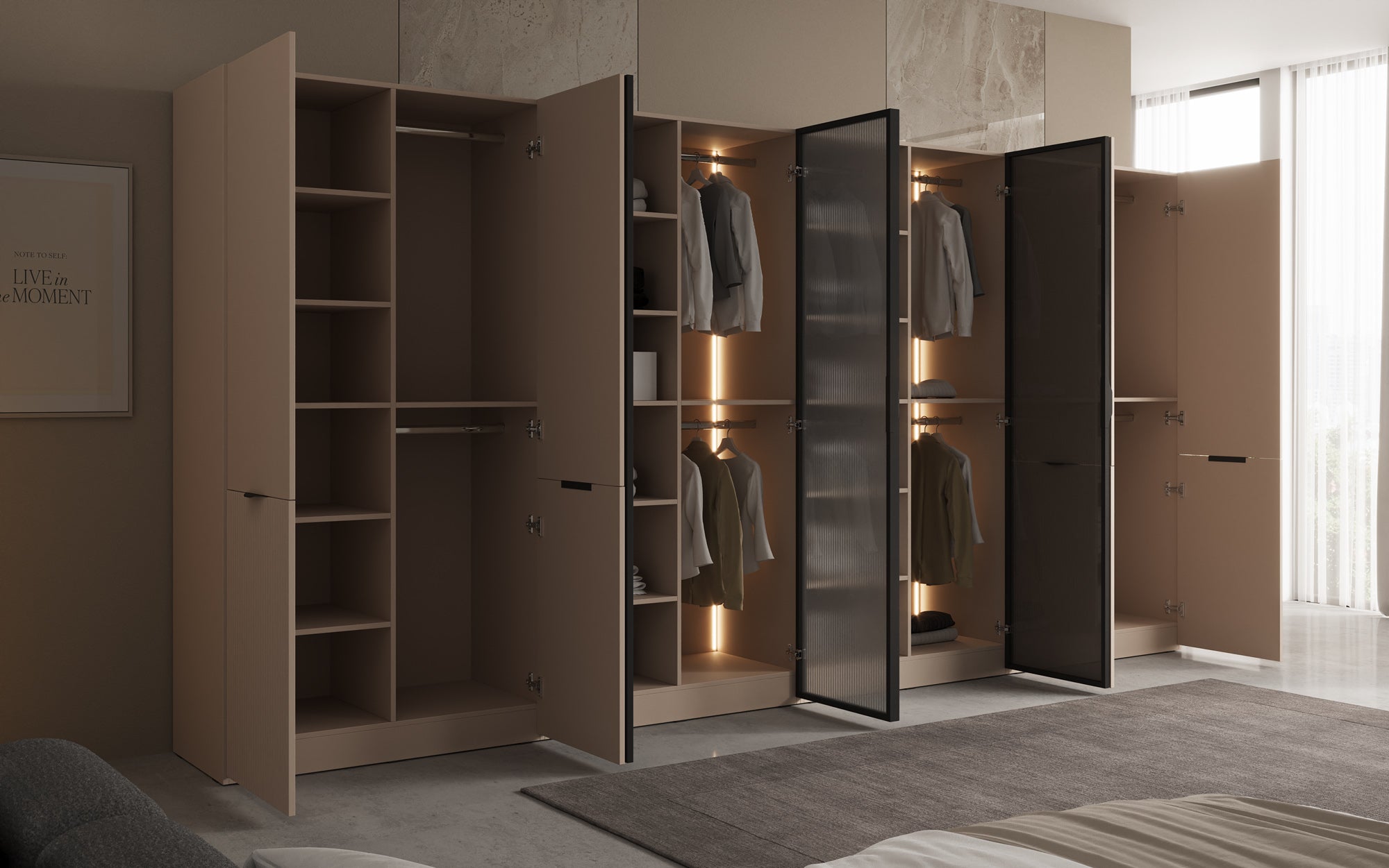 Modulo Rivon – Modular design wardrobe with ribbed glass front and structural panels