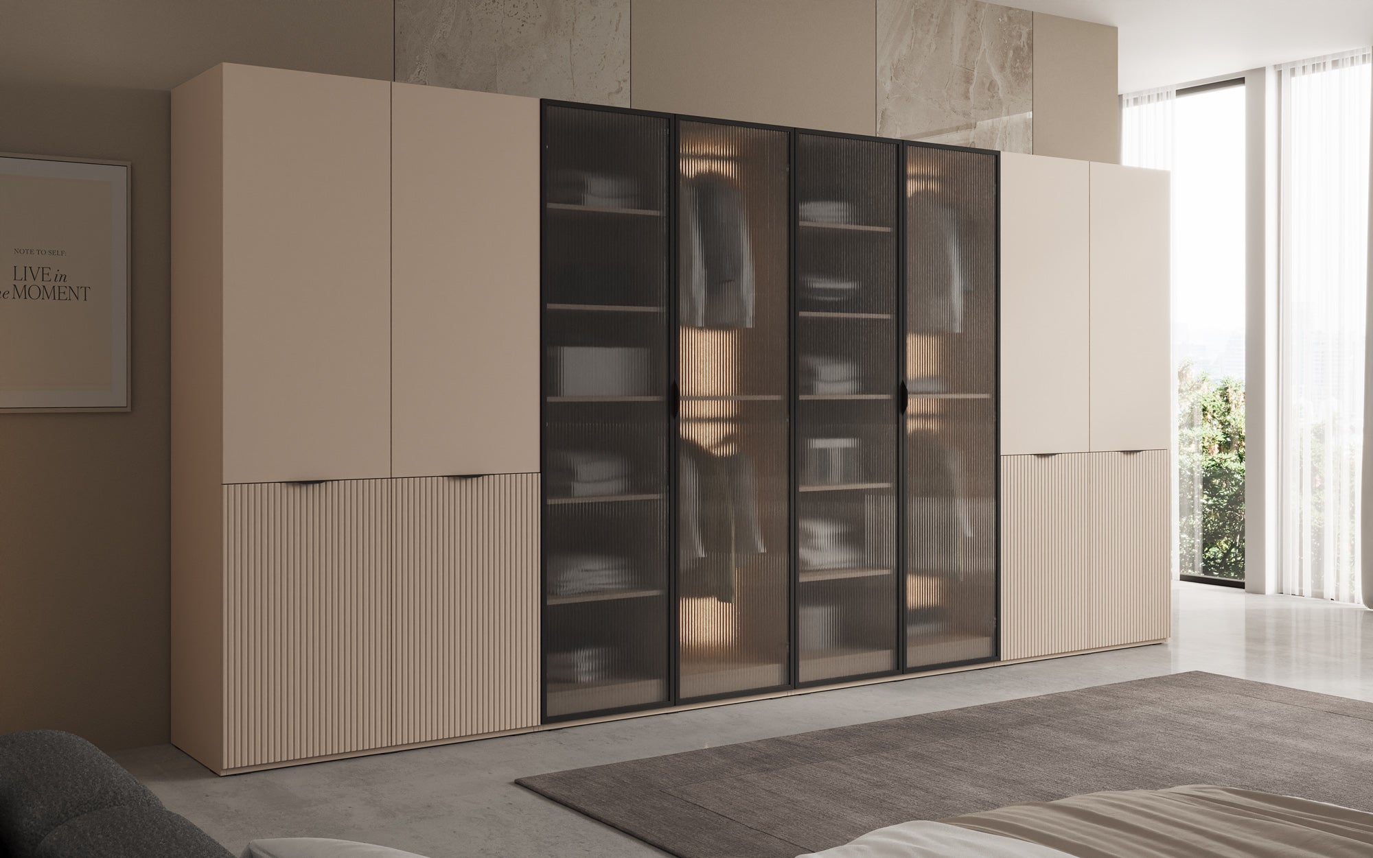 Modulo Rivon – Modular design wardrobe with ribbed glass front and structural panels