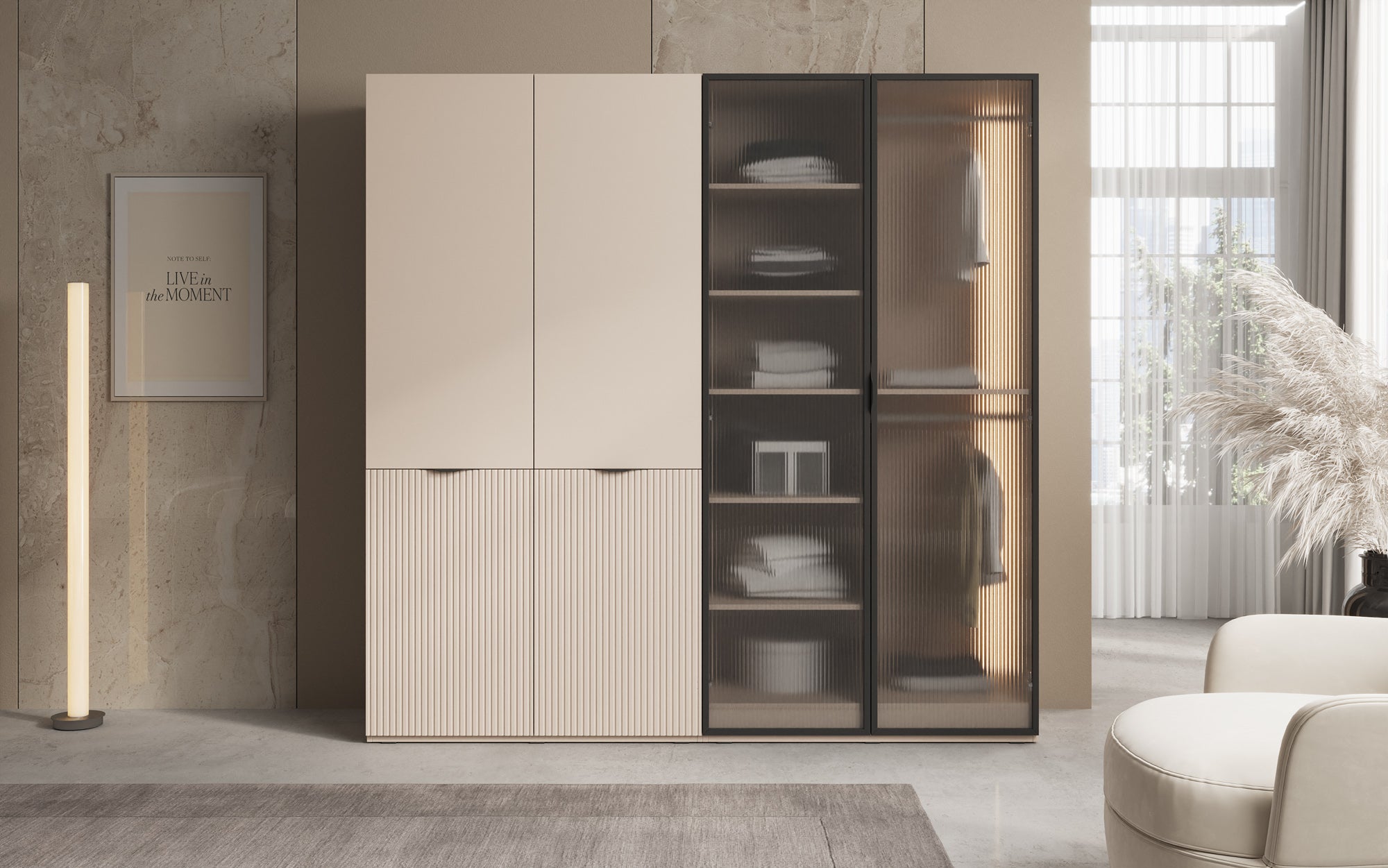 Modulo Ravo – Modular wardrobe with ribbed glass front and structural panel