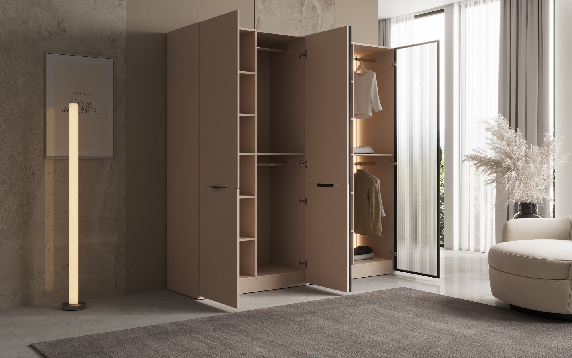 Modulo Ravo – Modular wardrobe with ribbed glass front and structural panel