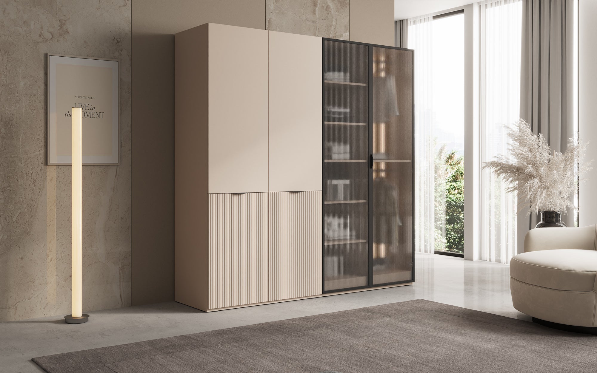 Modulo Ravo – Modular wardrobe with ribbed glass front and structural panel