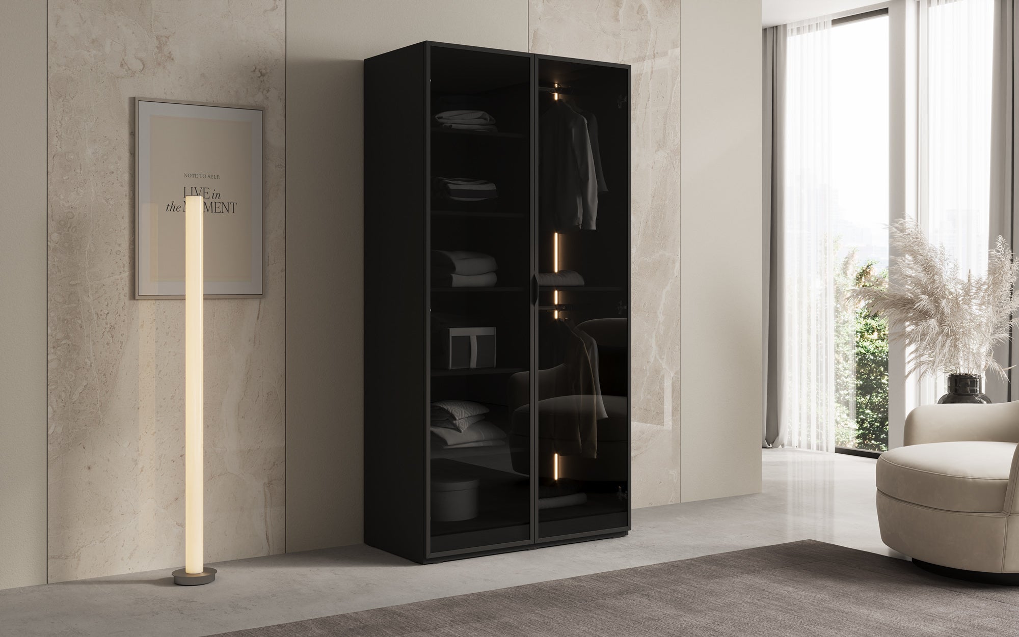 Modulo Luno – Designer wardrobe with glass front and LED interior lighting