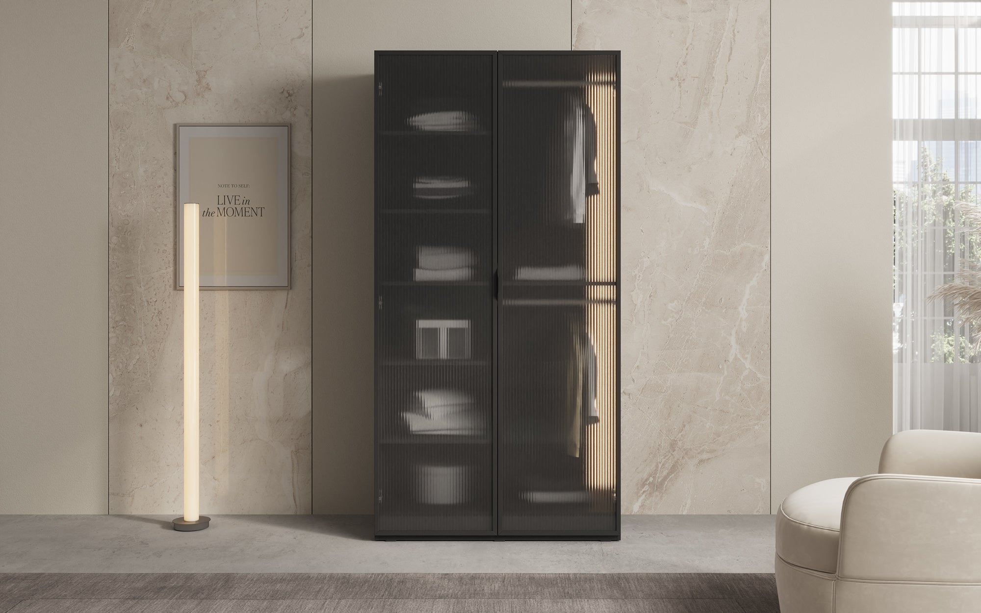 Modulo Arda – Designer wardrobe with ribbed glass front