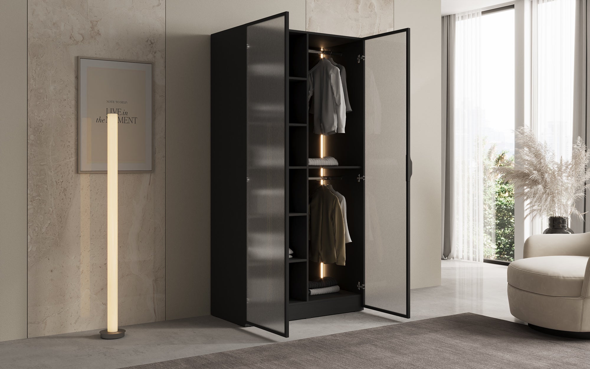 Modulo Arda – Designer wardrobe with ribbed glass front