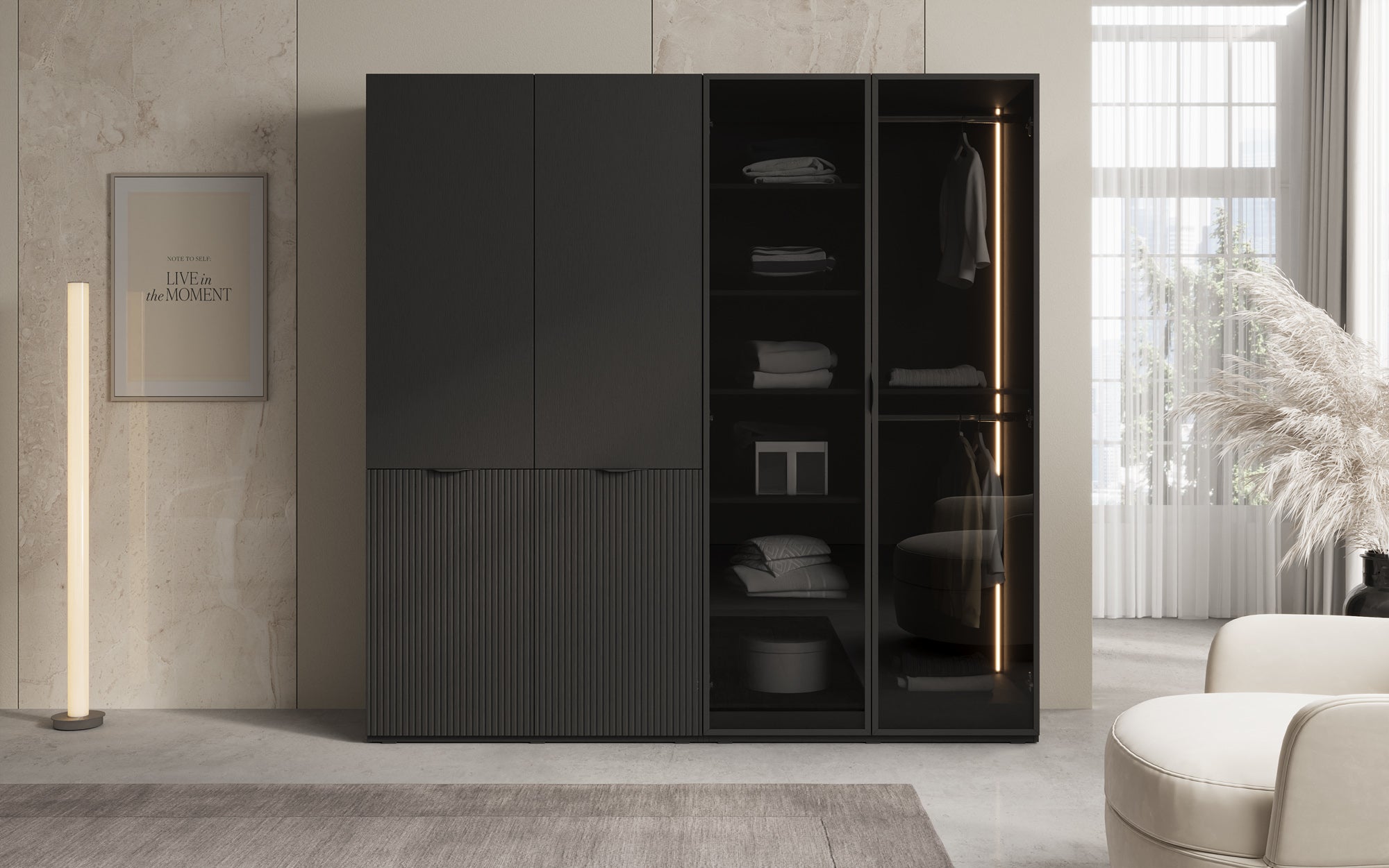 Modulo Nero – Modular wardrobe with glass and textured front