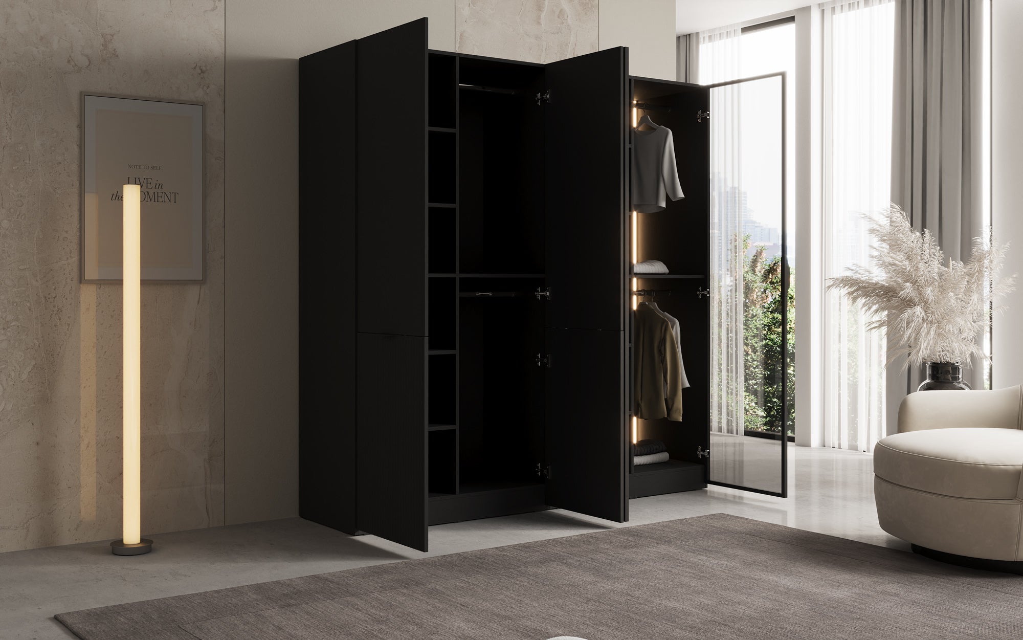 Modulo Nero – Modular wardrobe with glass and textured front