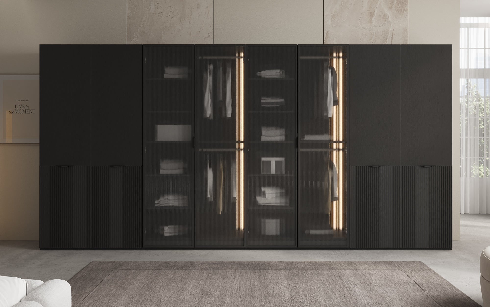 Modulo Rivon – Modular design wardrobe with ribbed glass front and structural panels