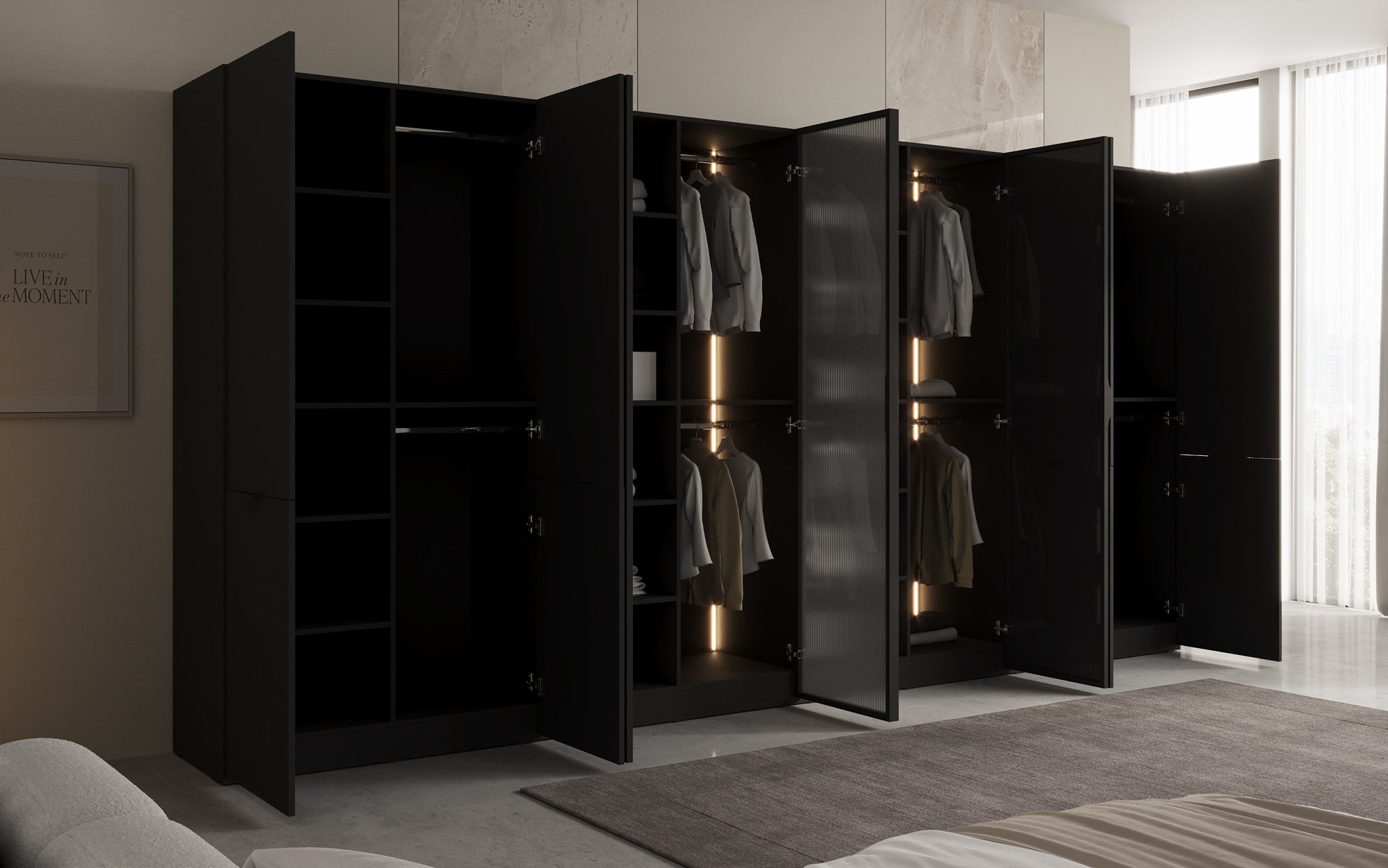 Modulo Rivon – Modular design wardrobe with ribbed glass front and structural panels