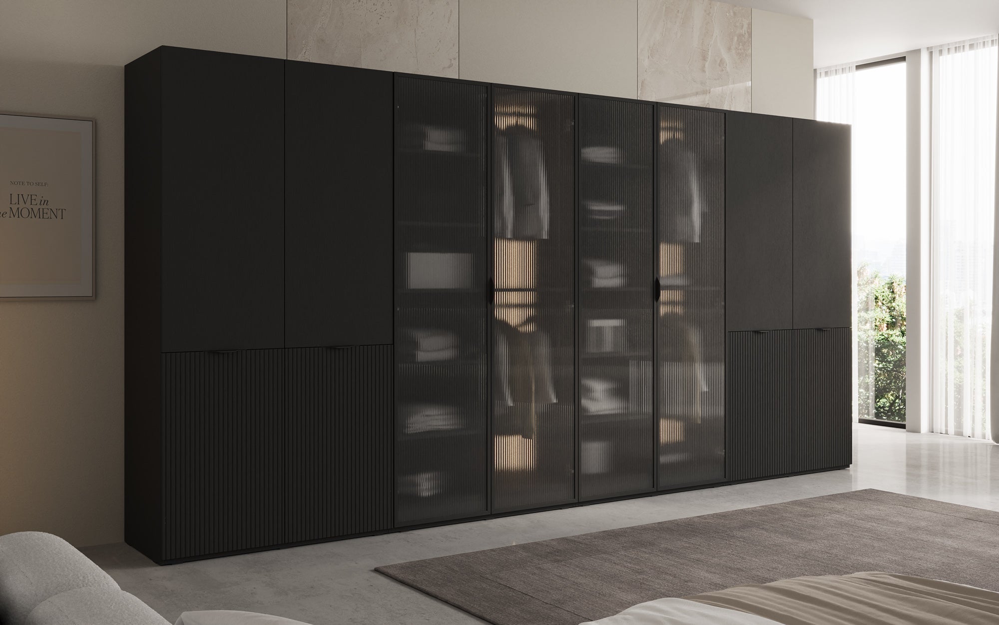 Modulo Rivon – Modular design wardrobe with ribbed glass front and structural panels