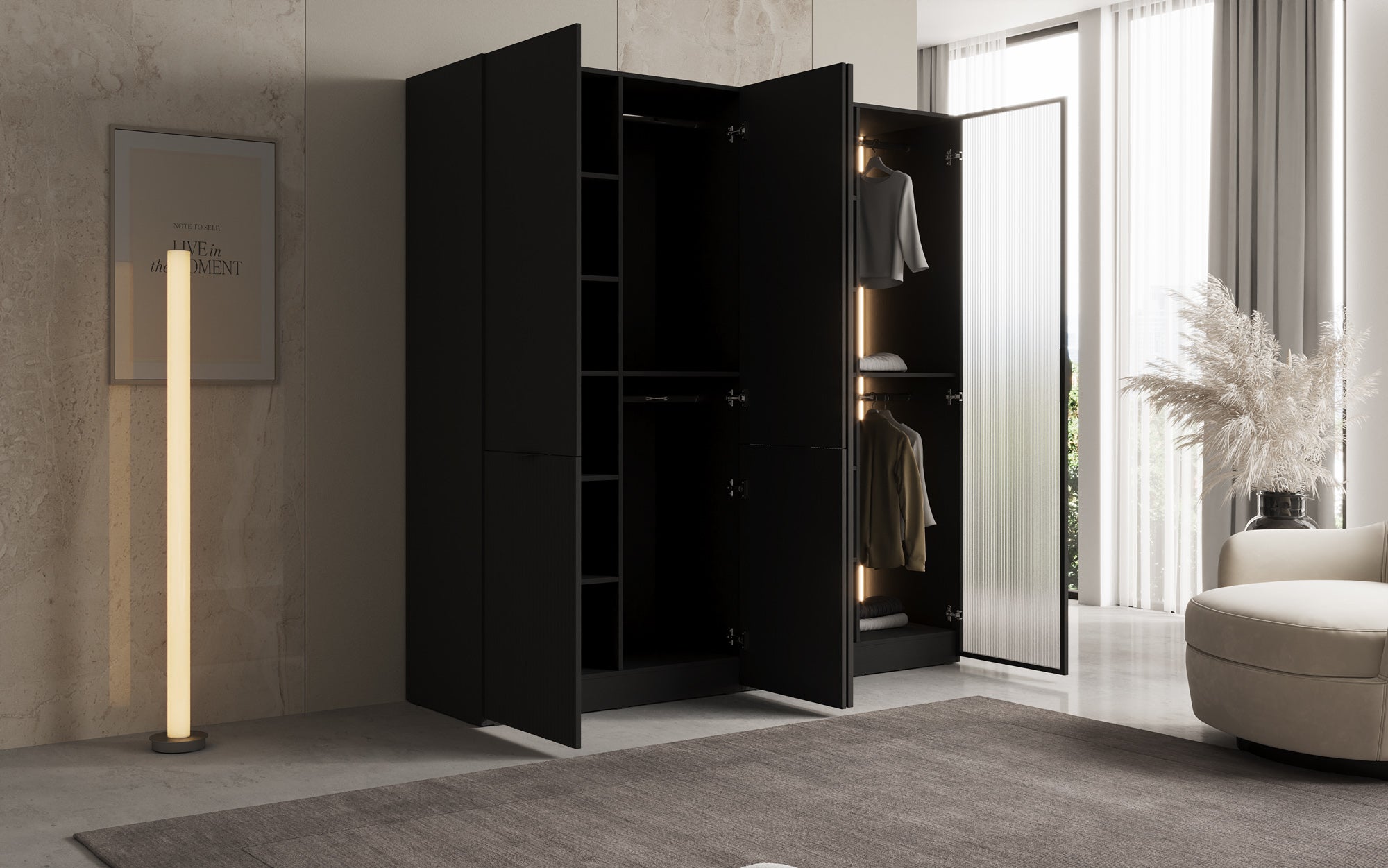 Modulo Ravo – Modular wardrobe with ribbed glass front and structural panel