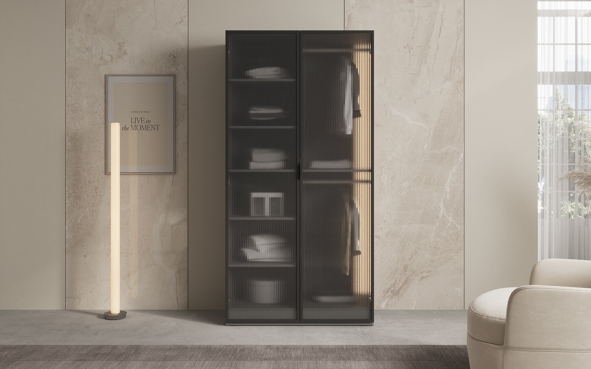Modulo Arda – Designer wardrobe with ribbed glass front
