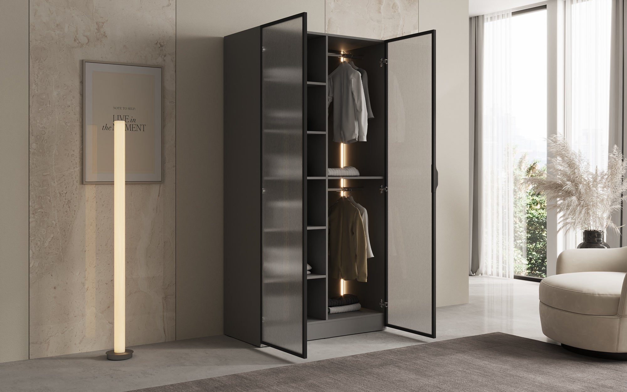 Modulo Arda – Designer wardrobe with ribbed glass front