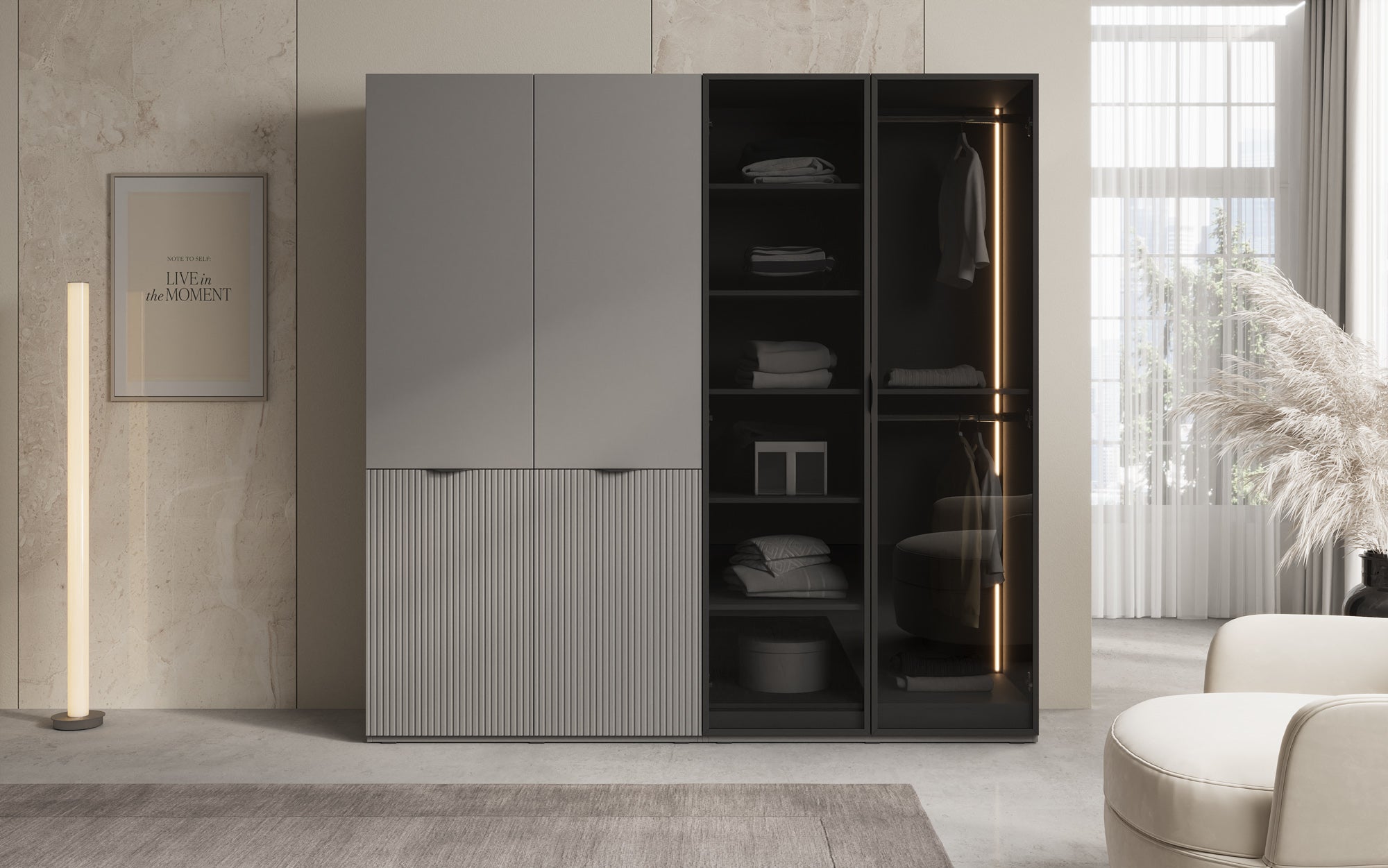Modulo Nero – Modular wardrobe with glass and textured front