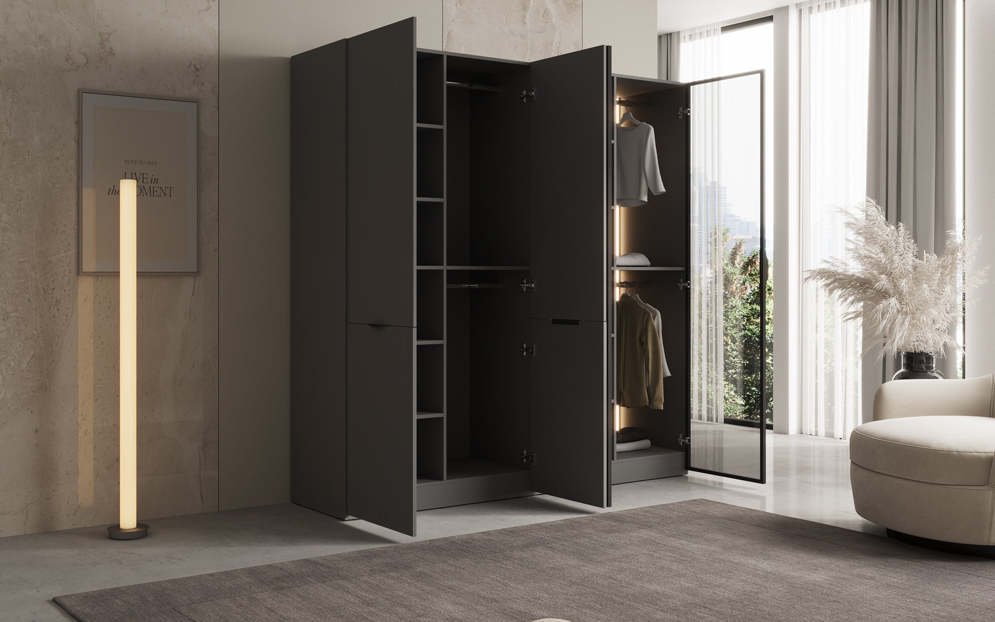 Modulo Nero – Modular wardrobe with glass and textured front