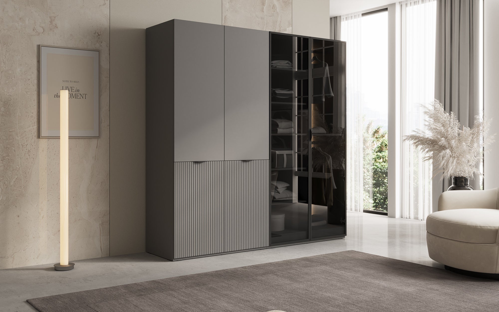 Modulo Nero – Modular wardrobe with glass and textured front