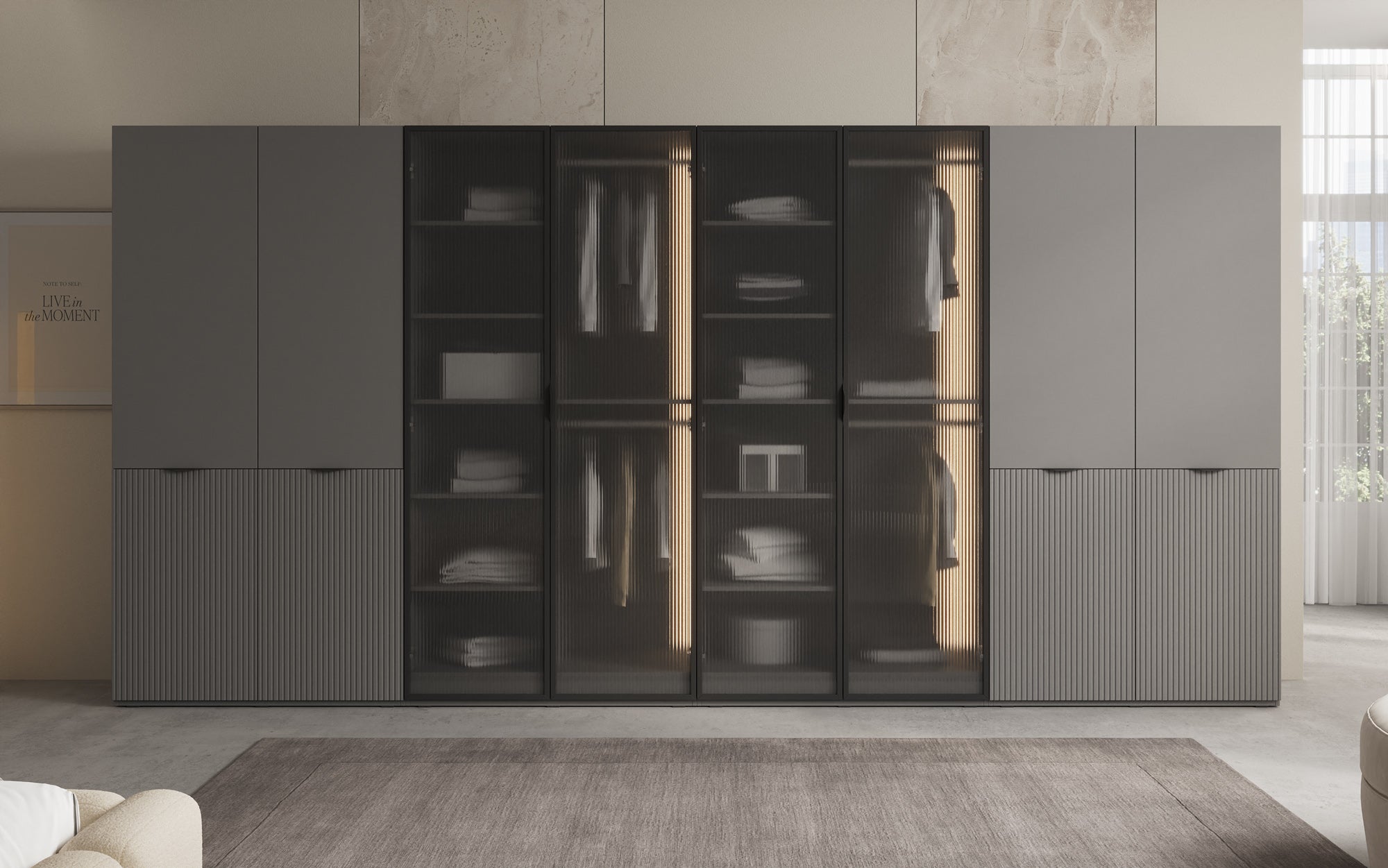 Modulo Rivon – Modular design wardrobe with ribbed glass front and structural panels