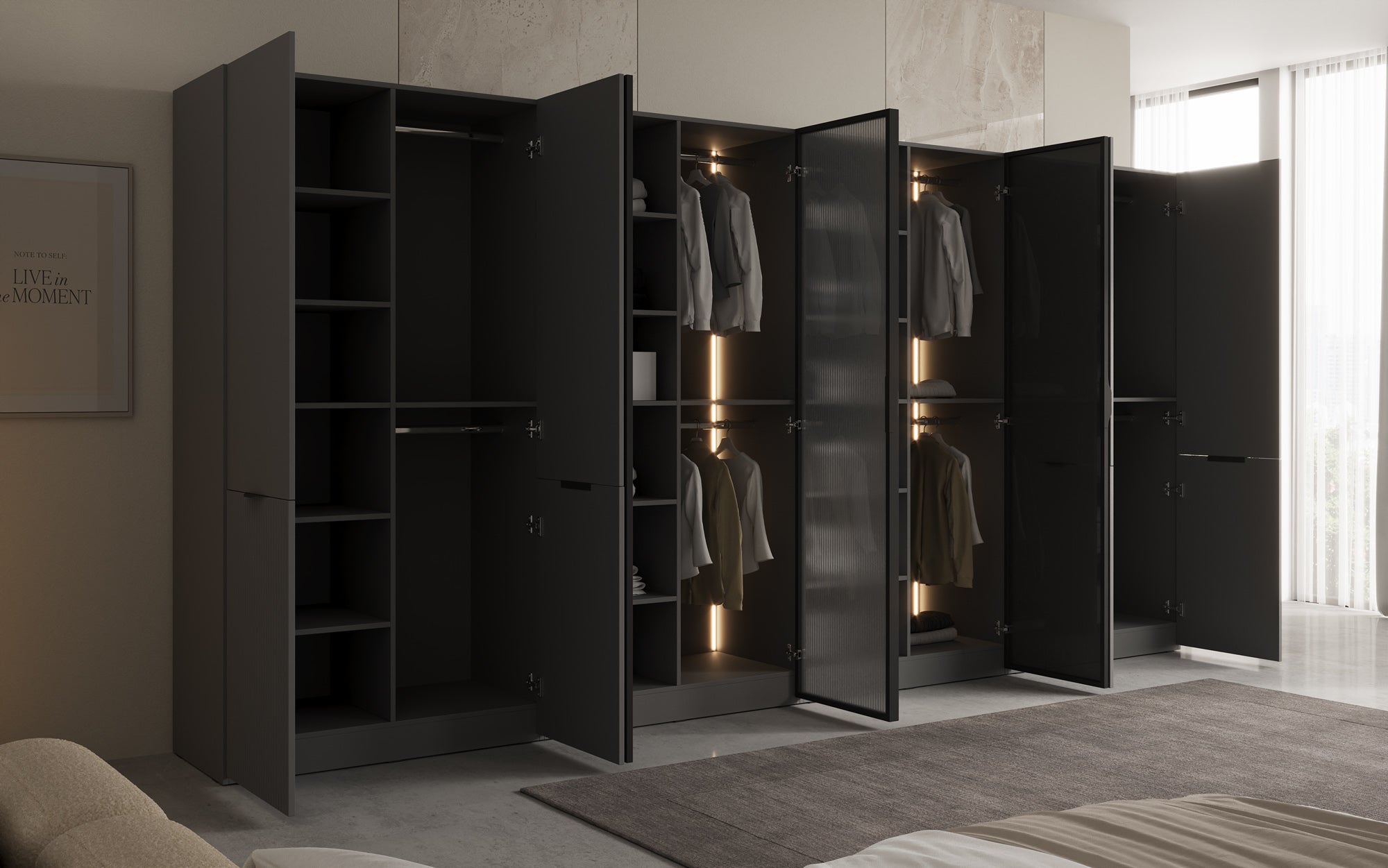 Modulo Rivon – Modular design wardrobe with ribbed glass front and structural panels