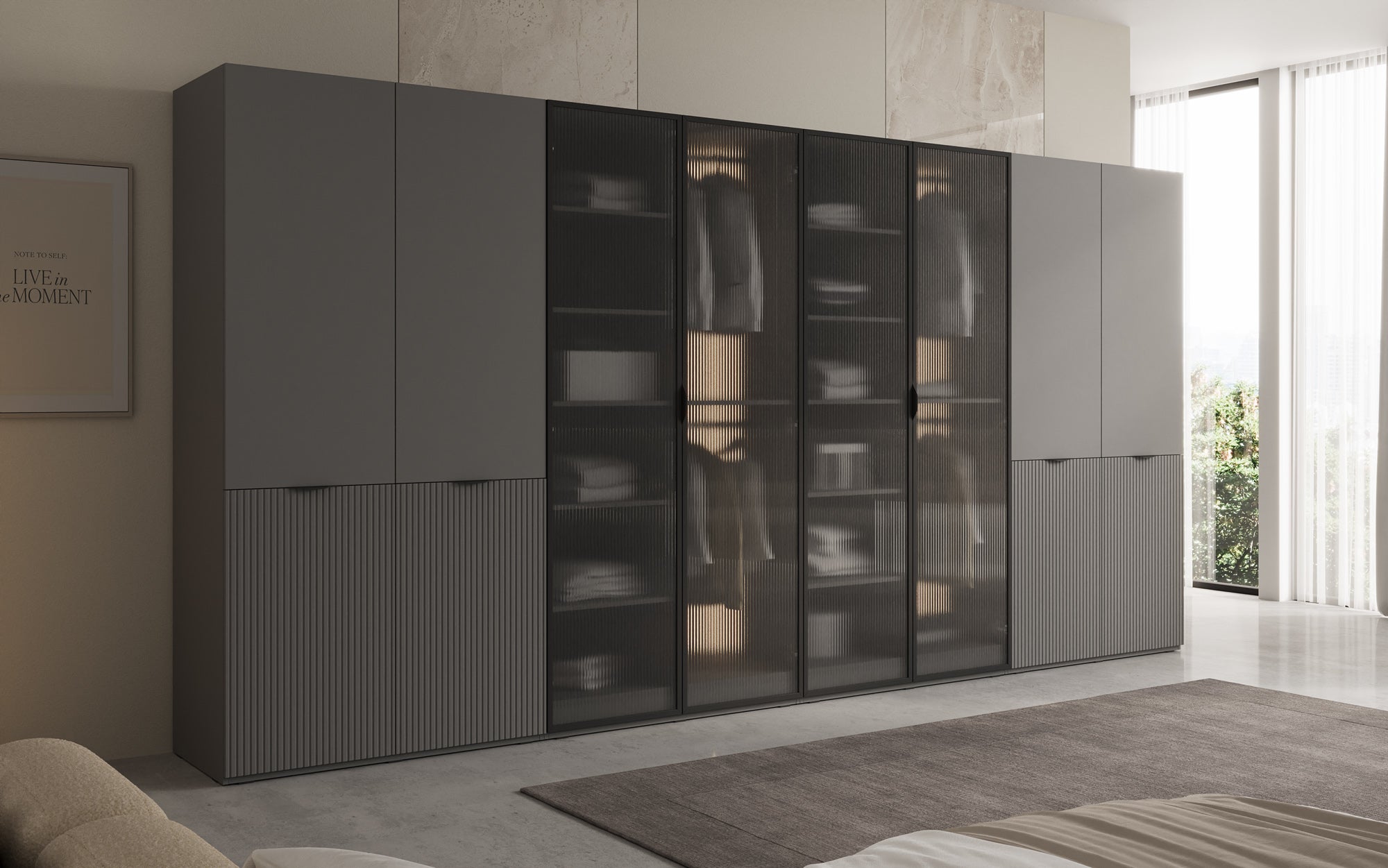 Modulo Rivon – Modular design wardrobe with ribbed glass front and structural panels