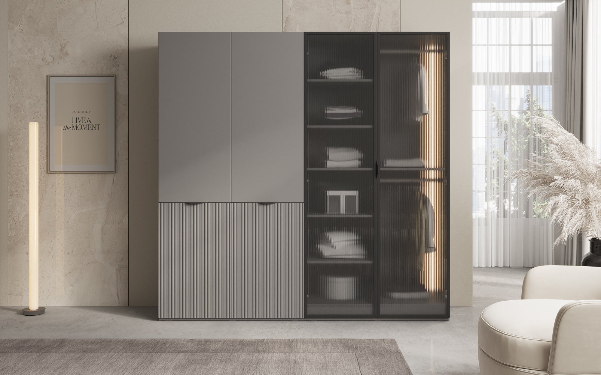 Modulo Ravo – Modular wardrobe with ribbed glass front and structural panel