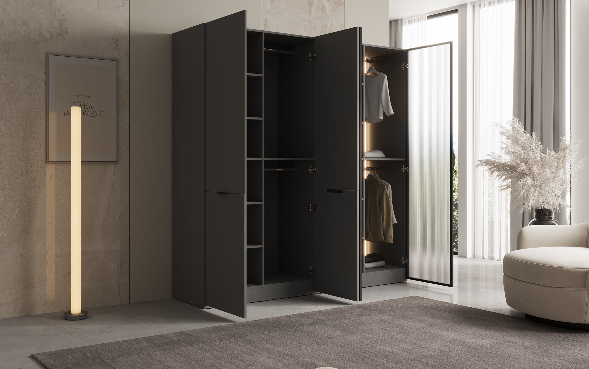 Modulo Ravo – Modular wardrobe with ribbed glass front and structural panel