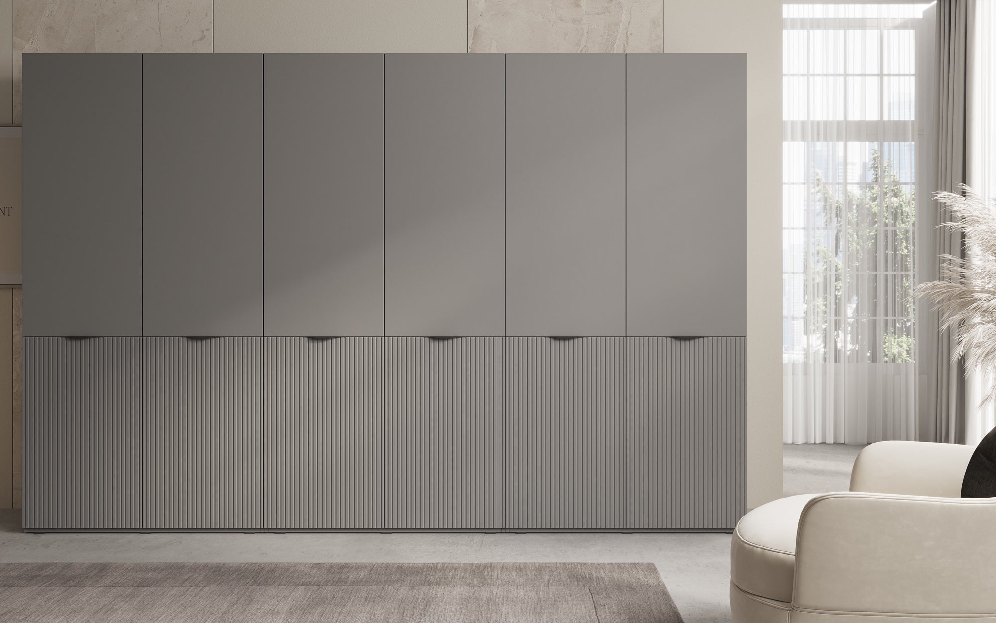 Module Headlight – Three-module design wardrobe with structured MDF front