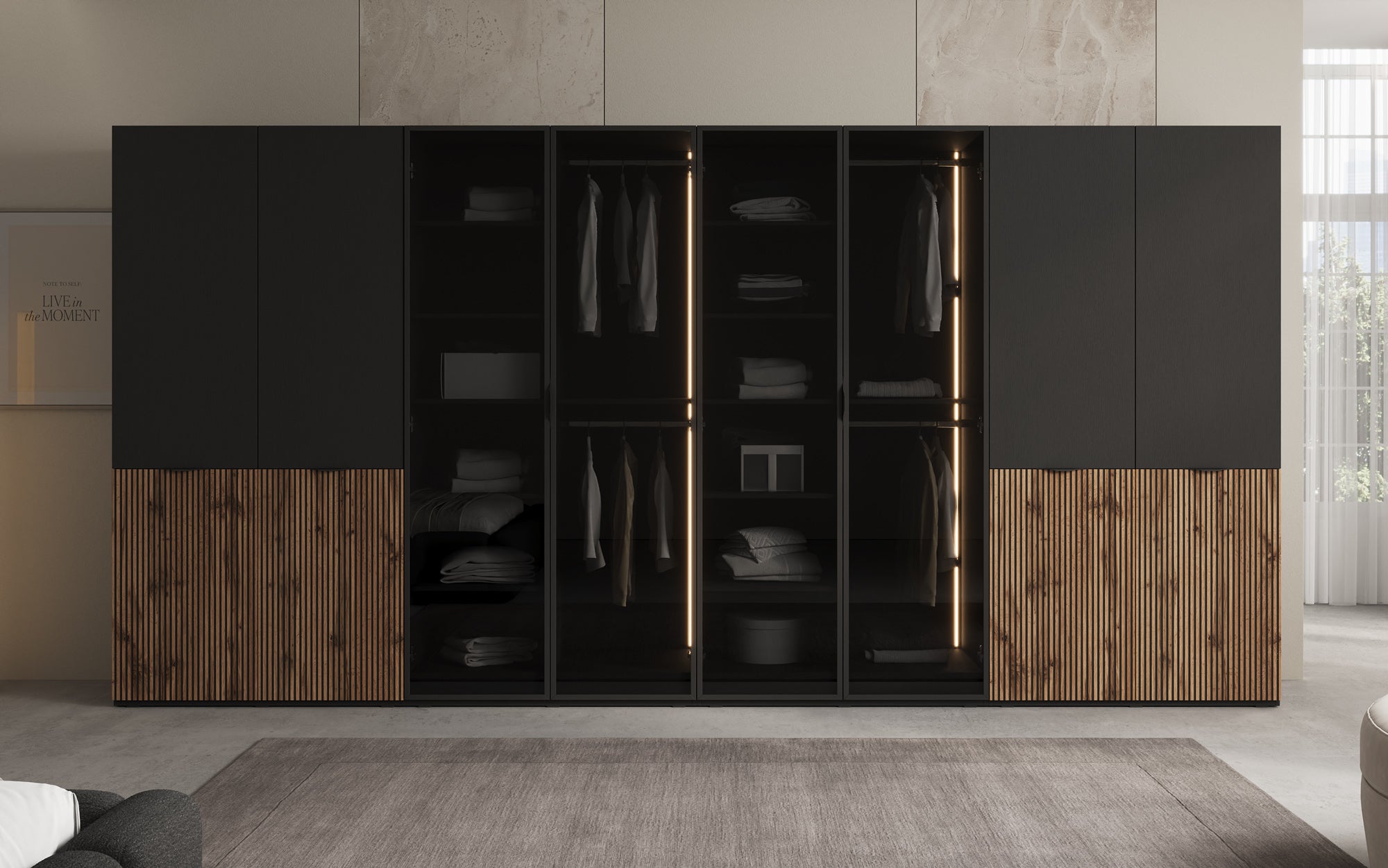 Modulo Arven XL – Four-module design wardrobe with wood and glass front