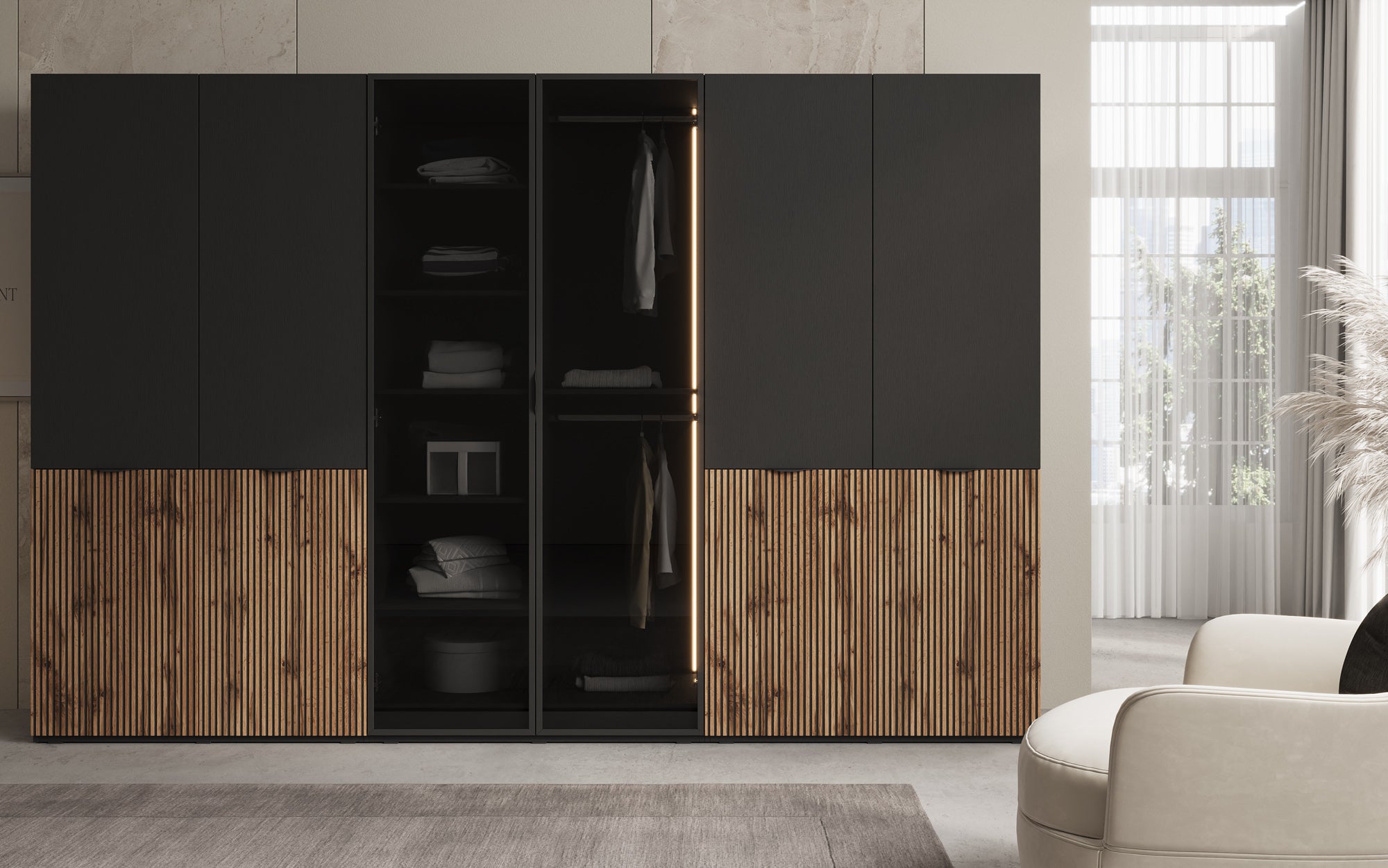 Modulo Arven – Three-module design wardrobe with wood and glass front