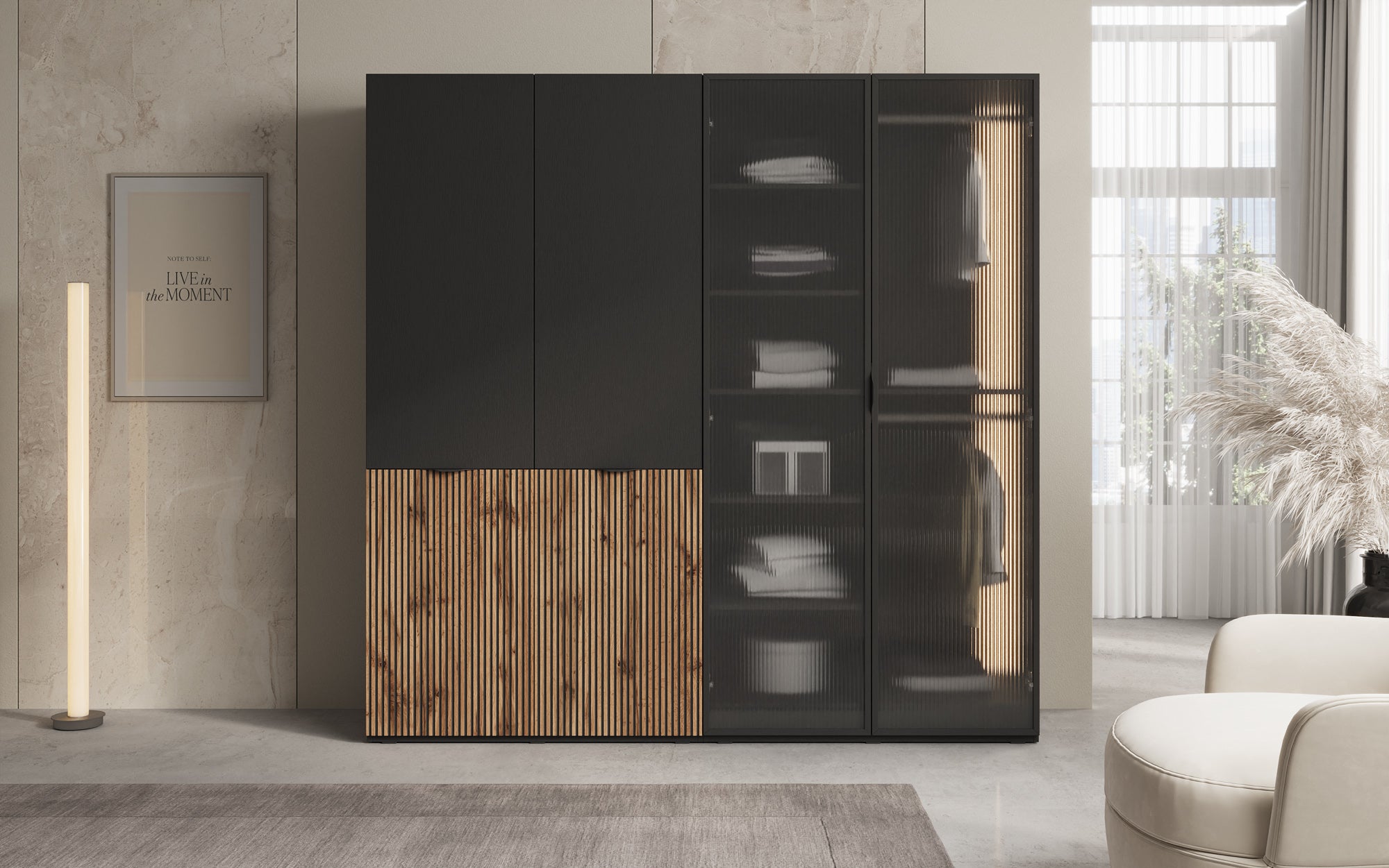 Modulo Ravel – Two-module design wardrobe with wood and structured glass front
