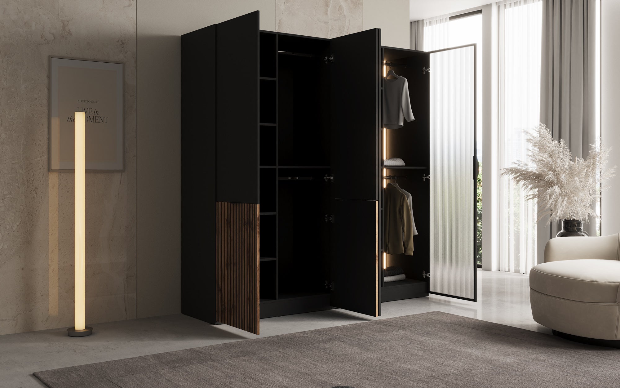 Modulo Ravel – Two-module design wardrobe with wood and structured glass front
