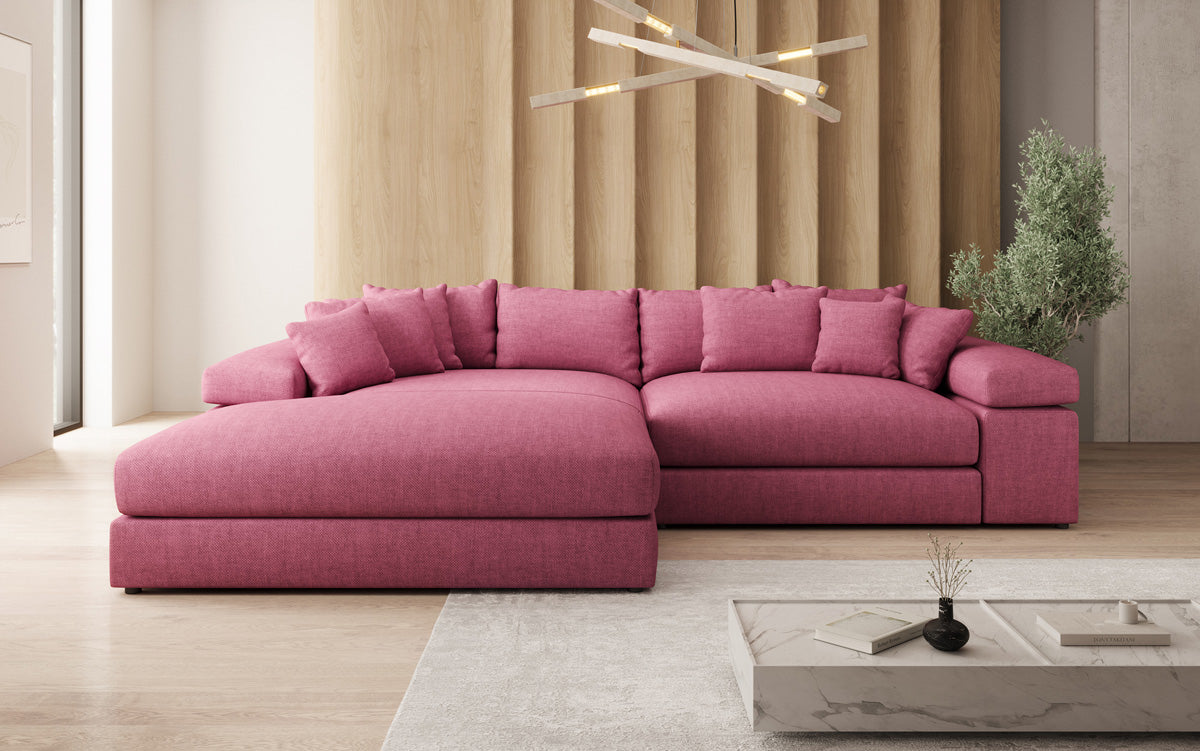 Designer corner sofa Bernardo with wide ottoman in linen look