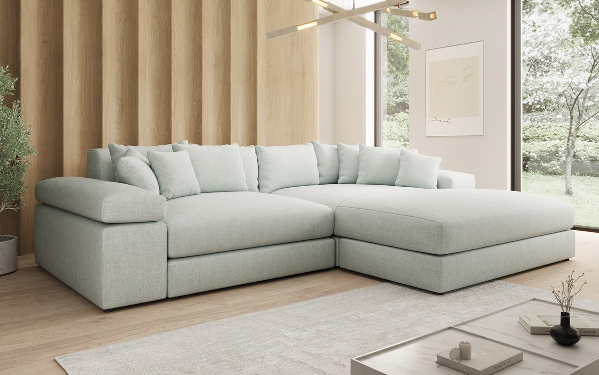 Designer corner sofa Bernardo with wide ottoman in linen look
