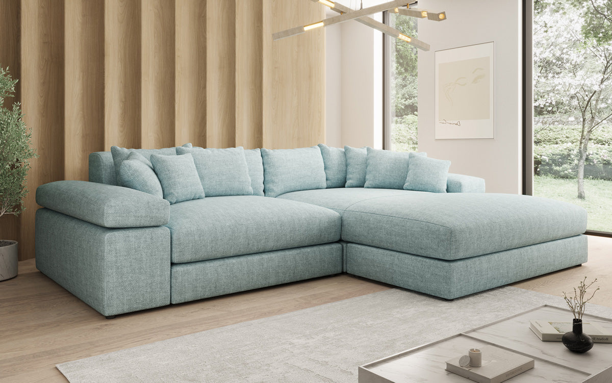 Designer corner sofa Bernardo with wide ottoman in linen look