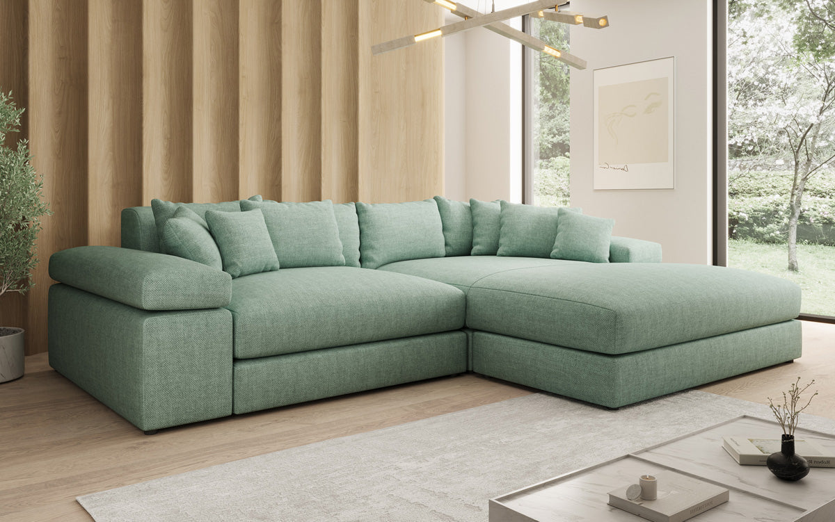 Designer corner sofa Bernardo with wide ottoman in linen look