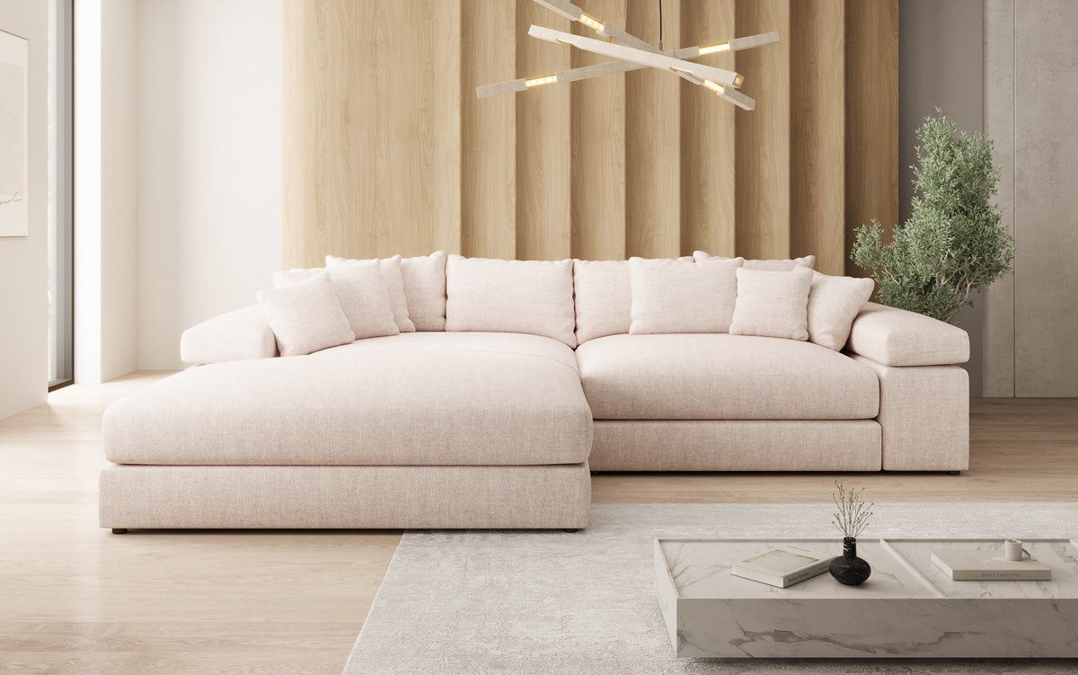 Designer corner sofa Bernardo with wide ottoman in linen look