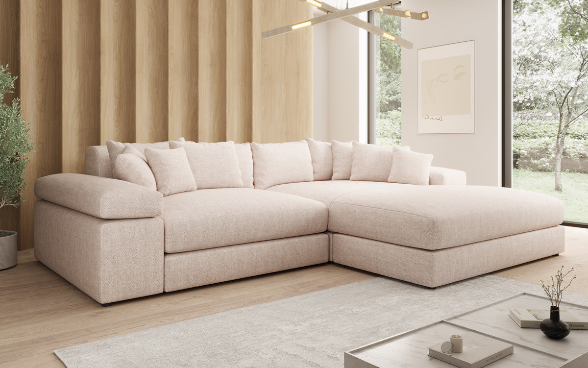 Designer corner sofa Bernardo with wide ottoman in linen look