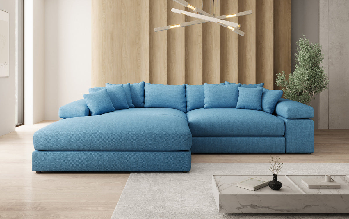 Designer corner sofa Bernardo with wide ottoman in linen look