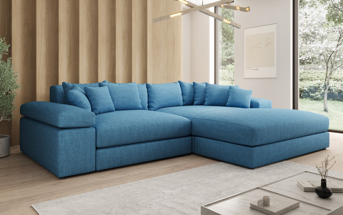 Designer corner sofa Bernardo with wide ottoman in linen look