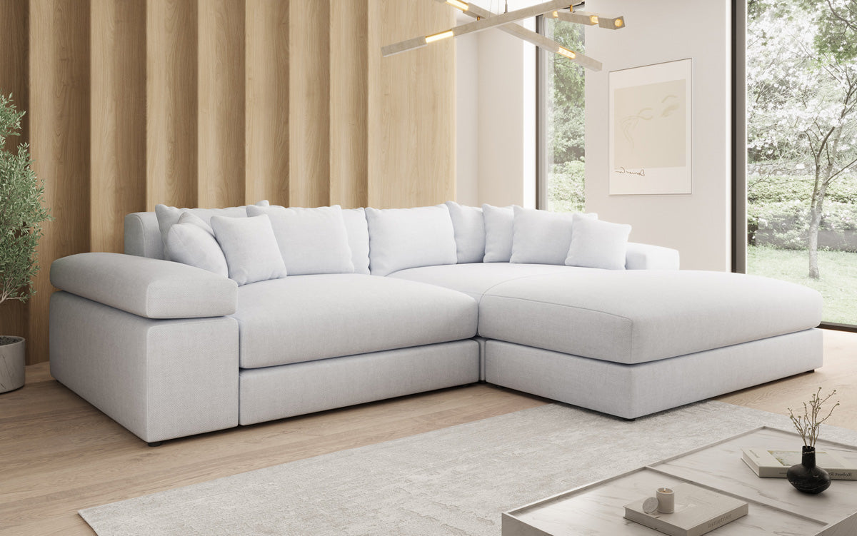Designer corner sofa Bernardo with wide ottoman in linen look