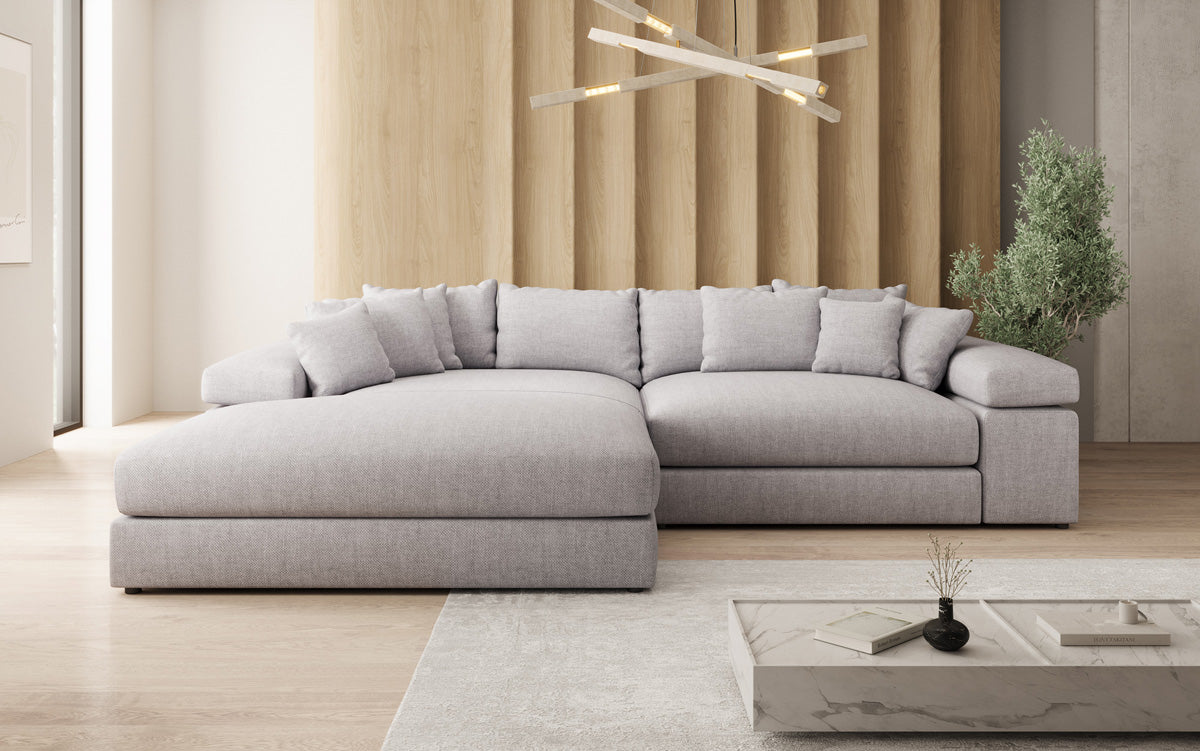 Designer corner sofa Bernardo with wide ottoman in linen look