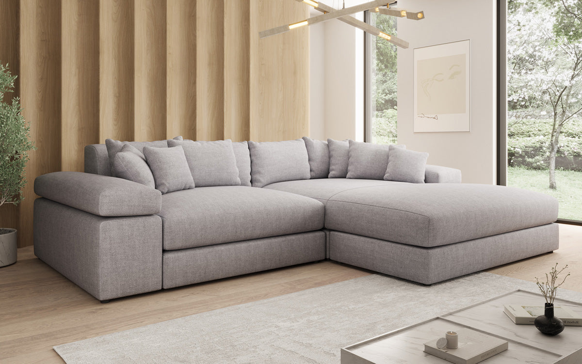 Designer corner sofa Bernardo with wide ottoman in linen look