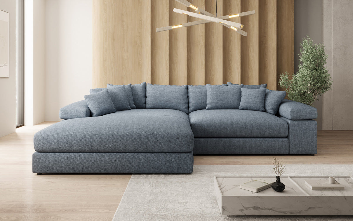 Designer corner sofa Bernardo with wide ottoman in linen look